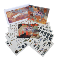 Board game or tabletop game set called ’Sticky Fictions’ with various cards and sticker sheets featuring character and item illustrations.