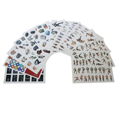 Collection of sticker sheets fanned out in a semicircle arrangement.