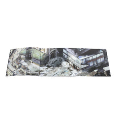 Panoramic illustration depicting a post-apocalyptic urban scene with destroyed buildings and debris.