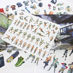 Sheet of stickers featuring various human figures in different poses and actions.