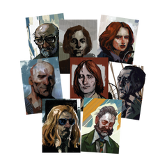 Collage of painted portraits depicting various people with different expressions and styles.
