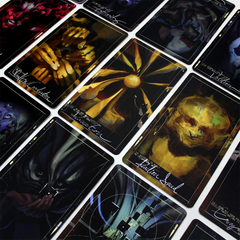 Collection of dark, artistic tarot-style cards with mysterious and eerie imagery.