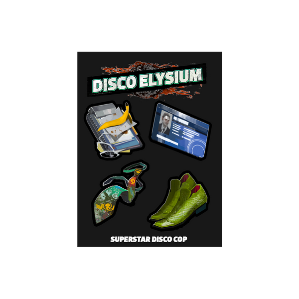 Set of enamel pins featuring items from the video game Disco Elysium.