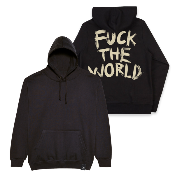 Black hoodie with provocative text printed on the back in light-colored letters.