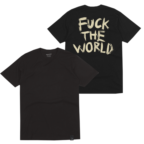 Black t-shirt with provocative text printed on the back in light-colored letters.