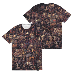 T-shirt with an intricate, dark-toned all-over print featuring a dense collage of fantastical creatures and beings.