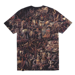 T-shirt with an intricate, dark-toned all-over print featuring a chaotic collage of mythical creatures, monsters, and fantastical imagery.