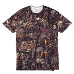 T-shirt with an intricate, surreal artwork print covering the entire front.