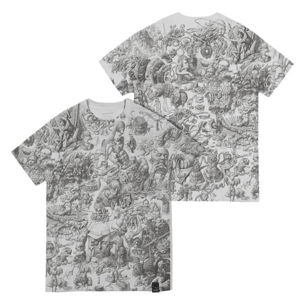 T-shirt with an intricate, detailed black and white illustration covering its entire surface.
