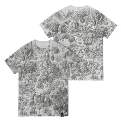 T-shirt with an intricate, detailed black and white illustration covering its entire surface.