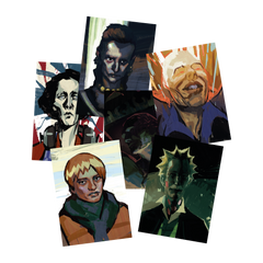 Collage of stylized portrait paintings depicting various individuals with different expressions and artistic styles.