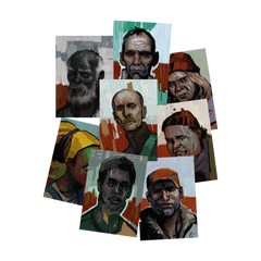 Collage of painted portraits depicting various men’s faces with distinct expressions and styles.