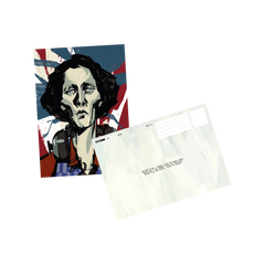 Stylized portrait of a woman with dark hair against a Union Jack background.