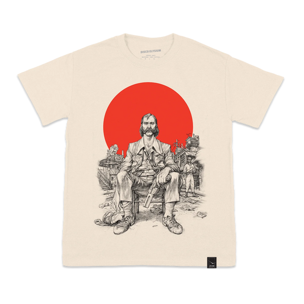 Beige t-shirt with a graphic print featuring a seated figure against a red circle backdrop.