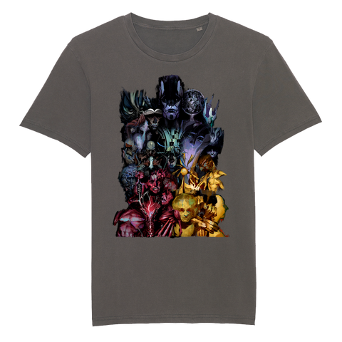 Gray t-shirt featuring a colorful graphic design of various alien or monster-like creatures.