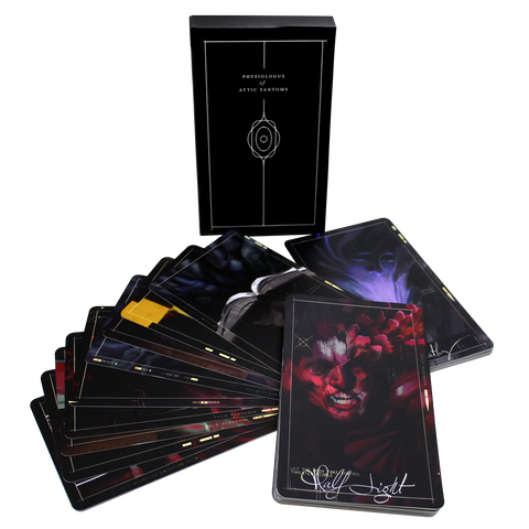 Deck of dark-themed tarot or oracle cards with a black box.