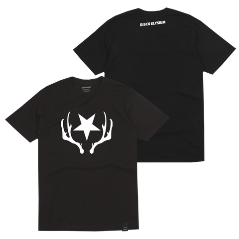 Black t-shirt with a white antler and star logo on the front.