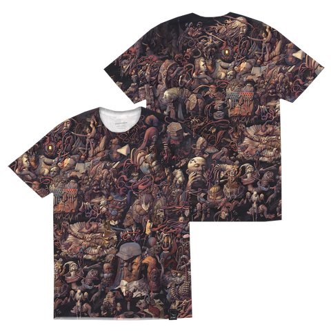 T-shirt with an intricate, dark-toned all-over print featuring a dense collage of fantastical creatures and beings.