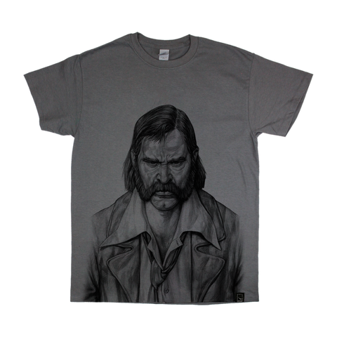 Gray t-shirt featuring a black and white portrait of a rugged-looking man with long hair and a mustache.